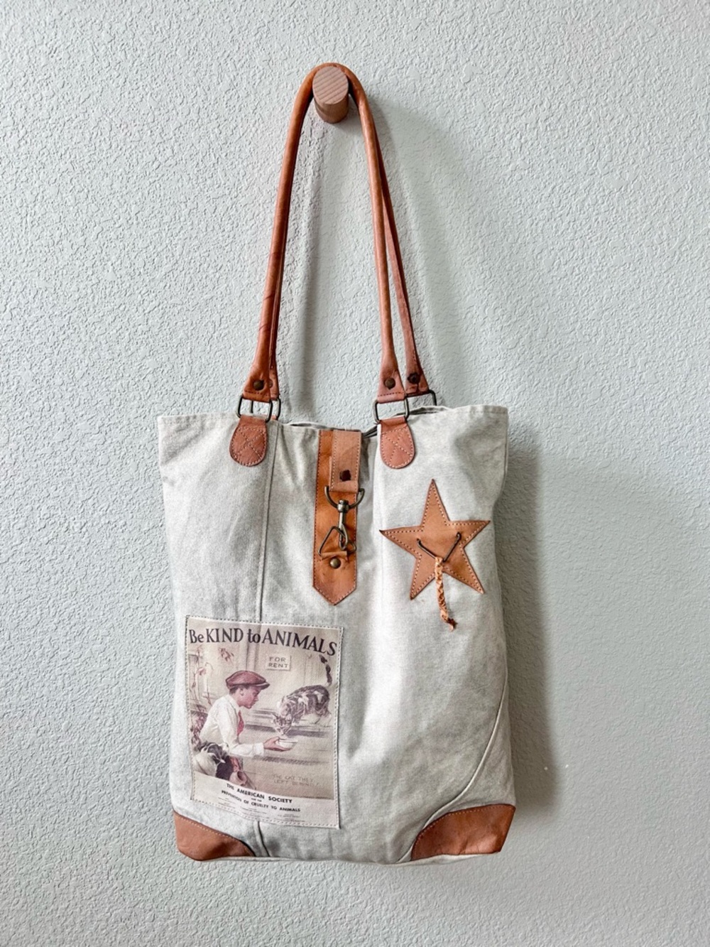Vintage Addiction Recycled Canvas & Leather Tote Bag “Be Kind to Animals” Patch